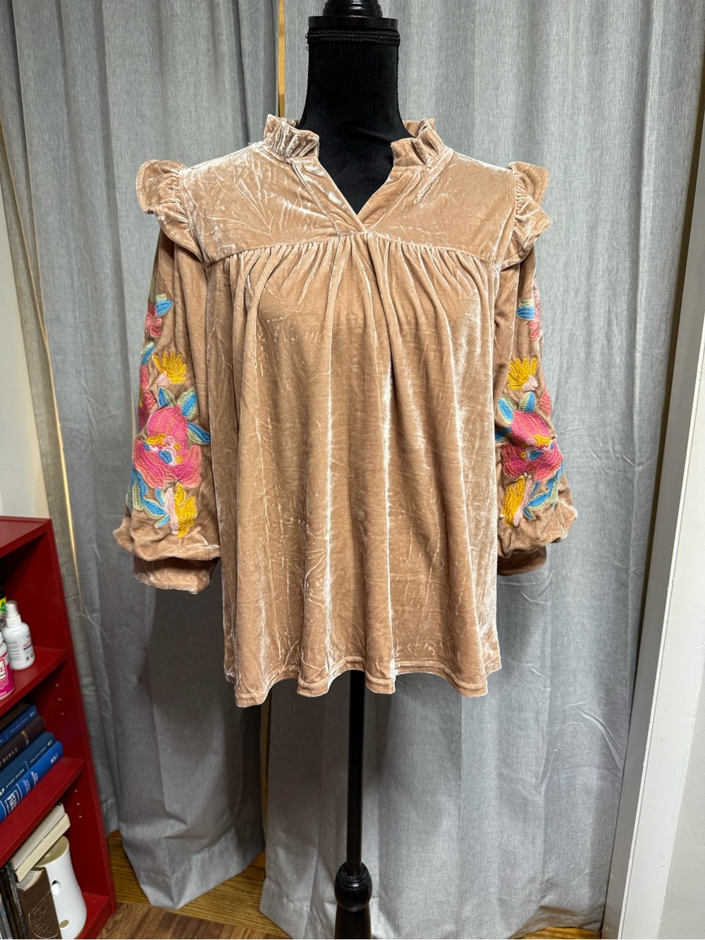 JODIFL Tan Velvet Ruffle Yoke Tunic with Multicolor Embroidered Sleeves